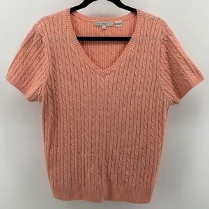 Pria Cable Knit Short Sleeve Sweater Coral XL Preppy Academia 100% Cotton